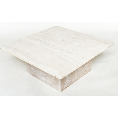 229 - TRAVERTINE LOW TABLE, 1970s Italian travertine marble, square canted corner on plinth support, 76cm ... 