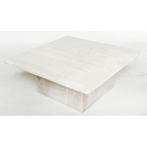 229 - TRAVERTINE LOW TABLE, 1970s Italian travertine marble, square canted corner on plinth support, 76cm ... 