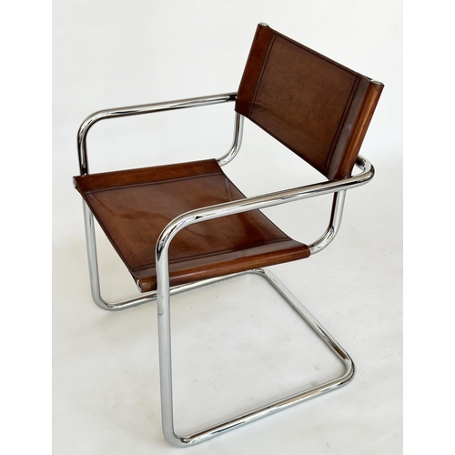 230 - DINING ARMCHAIRS, a set of six cantilever chrome framed with hand finished natural tan leather uphol... 