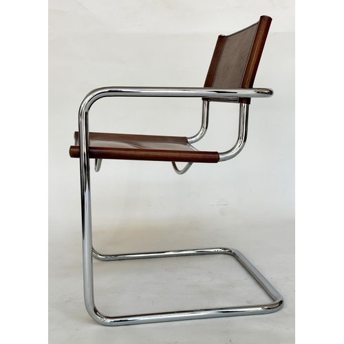 230 - DINING ARMCHAIRS, a set of six cantilever chrome framed with hand finished natural tan leather uphol... 