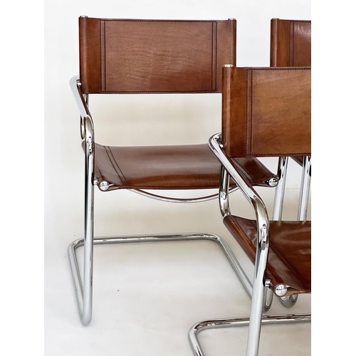 230 - DINING ARMCHAIRS, a set of six cantilever chrome framed with hand finished natural tan leather uphol... 