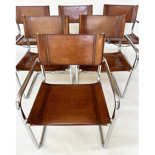 230 - DINING ARMCHAIRS, a set of six cantilever chrome framed with hand finished natural tan leather uphol... 