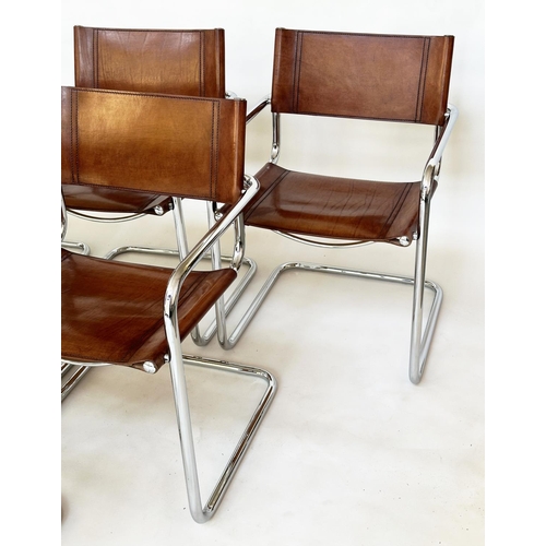 230 - DINING ARMCHAIRS, a set of six cantilever chrome framed with hand finished natural tan leather uphol... 