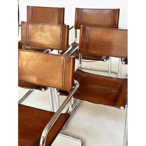 230 - DINING ARMCHAIRS, a set of six cantilever chrome framed with hand finished natural tan leather uphol... 