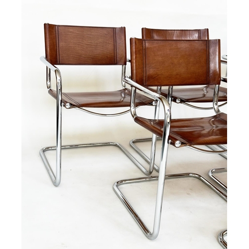 230 - DINING ARMCHAIRS, a set of six cantilever chrome framed with hand finished natural tan leather uphol... 