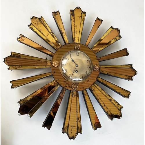 239 - ART DECO WALL CLOCK, sunburst form mirror facetted with central circular dial and eight day French m... 