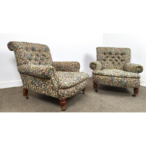 265 - HOWARD STYLE ARMCHAIRS, a pair, late Victorian oak in foliate upholstery with ceramic castors, 87cm ... 