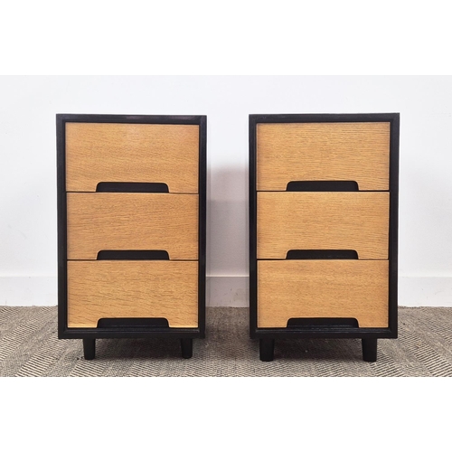 277 - BEDSIDE CHESTS BY JOHN AND SYLVIA REID, a pair oak and ebonised with three drawers, 66cm H x 38cm x ... 