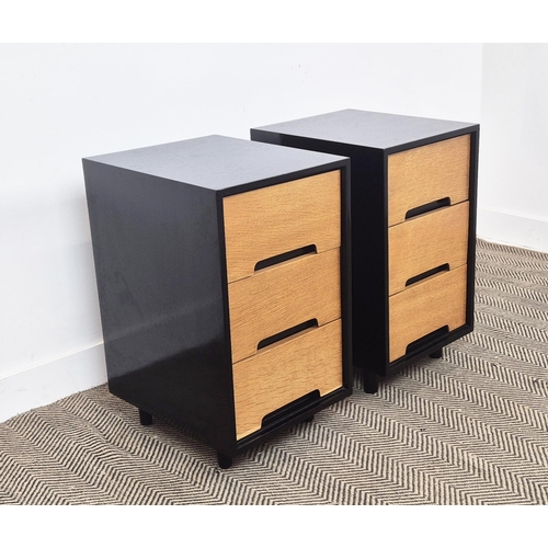 277 - BEDSIDE CHESTS BY JOHN AND SYLVIA REID, a pair oak and ebonised with three drawers, 66cm H x 38cm x ... 