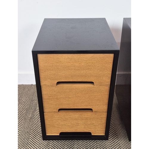 277 - BEDSIDE CHESTS BY JOHN AND SYLVIA REID, a pair oak and ebonised with three drawers, 66cm H x 38cm x ... 