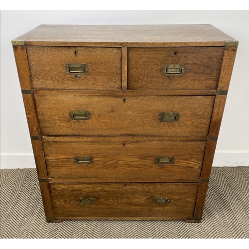 278 - CAMPAIGN CHEST, early 20th century oak, having two short and three long drawers with brass recessed ... 