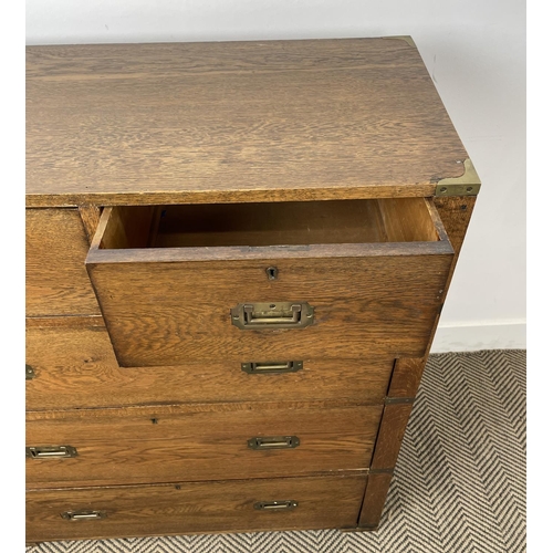 278 - CAMPAIGN CHEST, early 20th century oak, having two short and three long drawers with brass recessed ... 