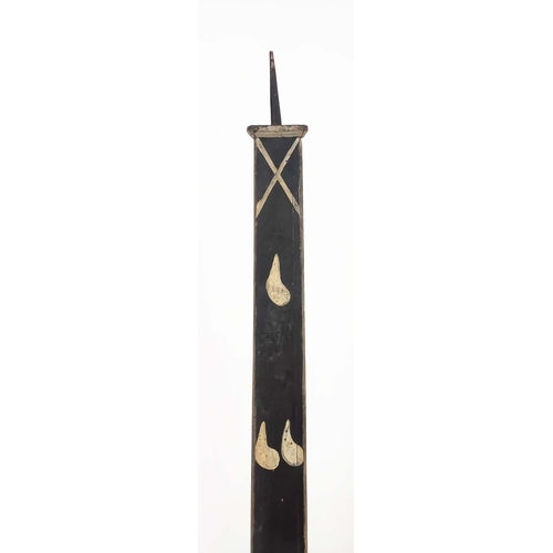 31 - TALL PRICKET CANDLESTICKS, a set of three, triangular form with black background with cream teardrop... 