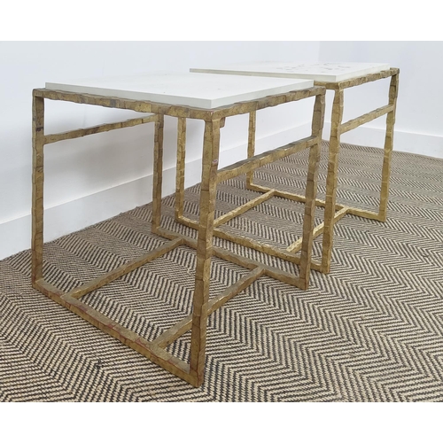 310 - PORTA ROMANA GIACOMETTI SIDE TABLES, a pair, gilt iron textured frames, 58cm H x 55cm W x 40cm D.