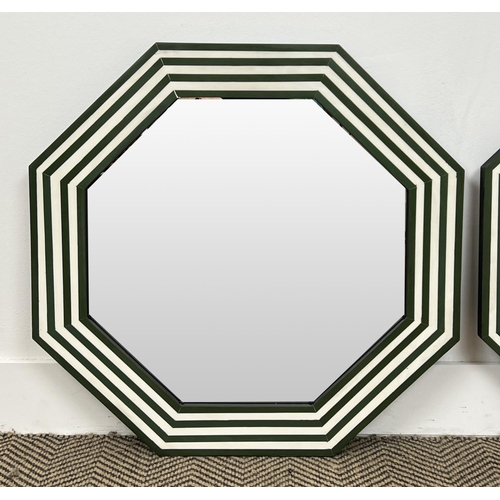 331 - WALL MIRRORS, a pair, 1970s Italian design inlaid octagonal green and white frames, 61cm diam. (2)