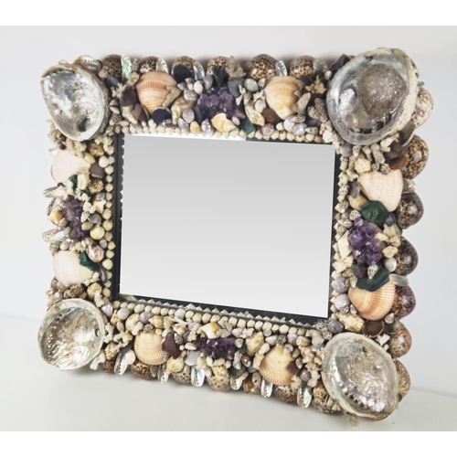 34 - ATTRIBUTED TO ANTHONY REDMILE WALL MIRROR, shell applied, with amethyst, malachite, various crystals... 