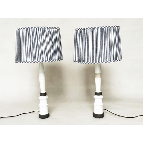 351 - TABLE LAMPS, a pair, mid 20th century Portuguese white ceramic 'pylon' lamps, with shades, 90cm H. (... 