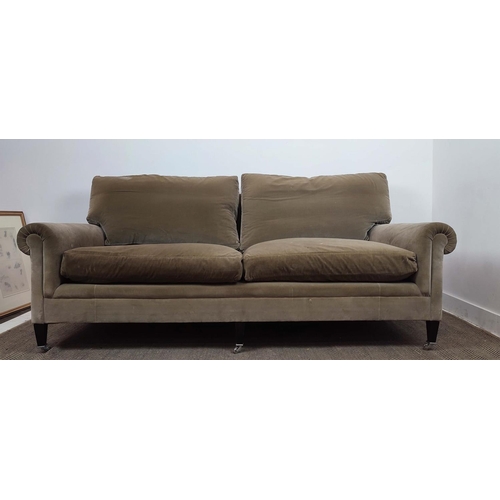 353 - GEORGE SMITH SOFA, olive green velvet upholstered, 85cm H x 215cm x 110cm approx.