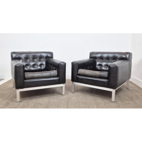 355 - ARMCHAIRS, a pair, mid 20th century, black buttoned leather 78cm W approx. (2)