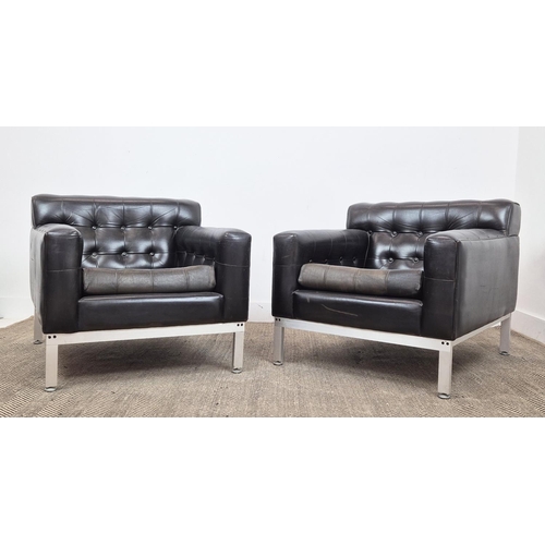 355 - ARMCHAIRS, a pair, mid 20th century, black buttoned leather 78cm W approx. (2)