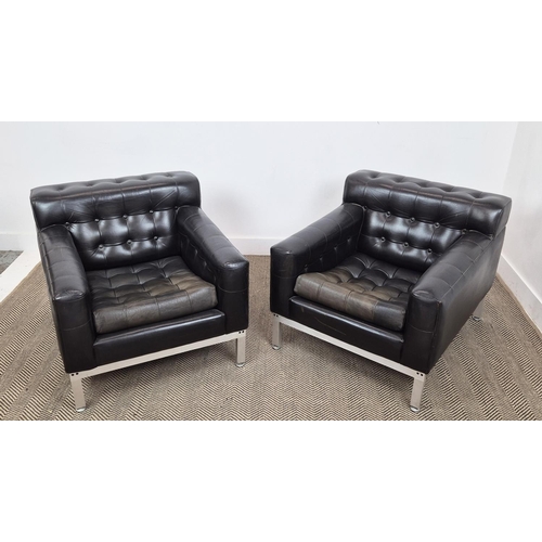 355 - ARMCHAIRS, a pair, mid 20th century, black buttoned leather 78cm W approx. (2)