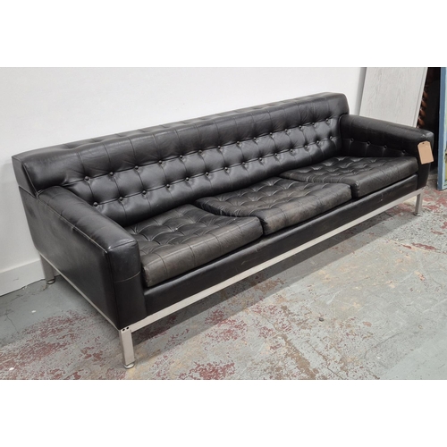 356 - SOFA, mid-20th century, black buttoned leather, 211cm W approx.