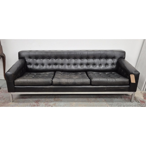 356 - SOFA, mid-20th century, black buttoned leather, 211cm W approx.