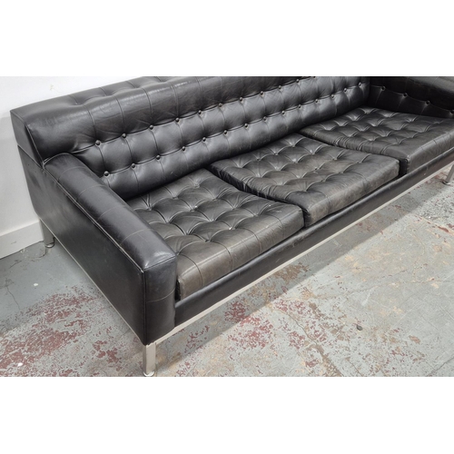 356 - SOFA, mid-20th century, black buttoned leather, 211cm W approx.