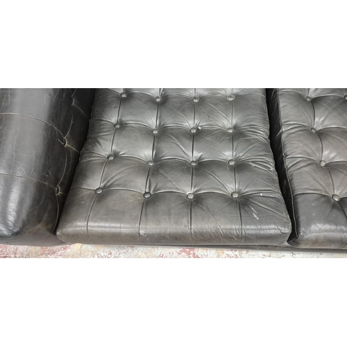 356 - SOFA, mid-20th century, black buttoned leather, 211cm W approx.