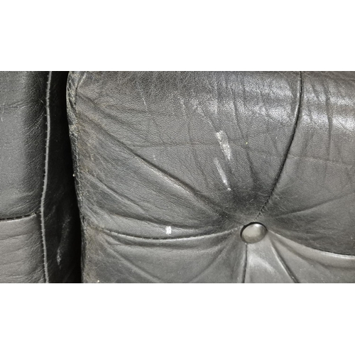 356 - SOFA, mid-20th century, black buttoned leather, 211cm W approx.