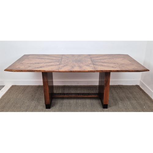 370 - DINING TABLE, Art Deco walnut and coromandel crossbanded radiating veneered top and extra leaf, 75cm... 