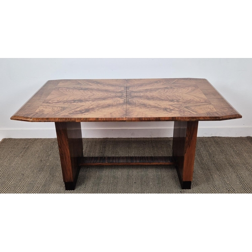 370 - DINING TABLE, Art Deco walnut and coromandel crossbanded radiating veneered top and extra leaf, 75cm... 