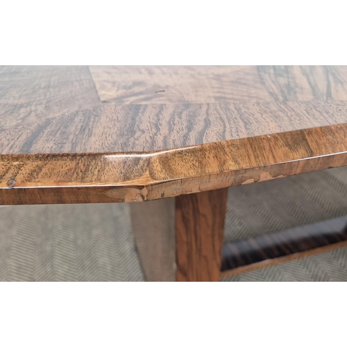 370 - DINING TABLE, Art Deco walnut and coromandel crossbanded radiating veneered top and extra leaf, 75cm... 