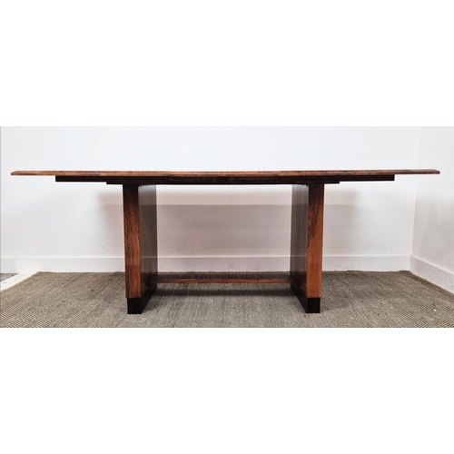 370 - DINING TABLE, Art Deco walnut and coromandel crossbanded radiating veneered top and extra leaf, 75cm... 