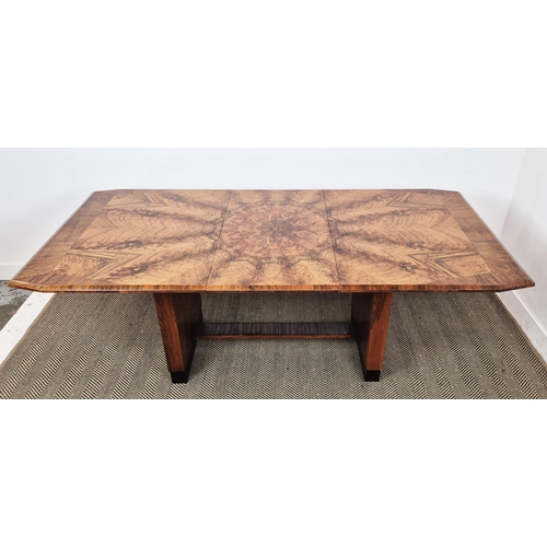 370 - DINING TABLE, Art Deco walnut and coromandel crossbanded radiating veneered top and extra leaf, 75cm... 