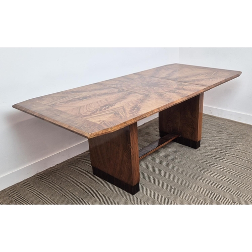 370 - DINING TABLE, Art Deco walnut and coromandel crossbanded radiating veneered top and extra leaf, 75cm... 