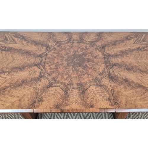 370 - DINING TABLE, Art Deco walnut and coromandel crossbanded radiating veneered top and extra leaf, 75cm... 