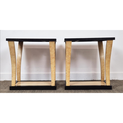 371 - LAMP TABLES, a pair, David Linley manner birds eye maple, painted and ebonised, 67cm H x 61cm x 51cm... 