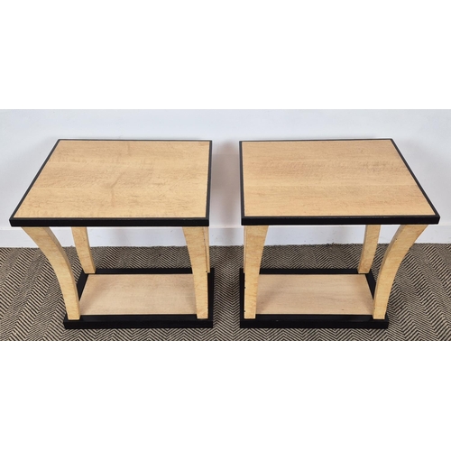 371 - LAMP TABLES, a pair, David Linley manner birds eye maple, painted and ebonised, 67cm H x 61cm x 51cm... 