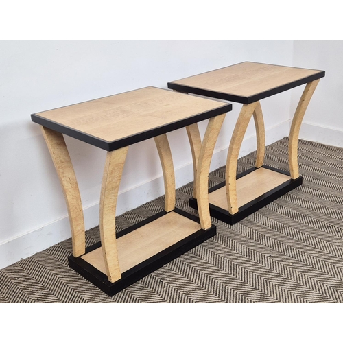 371 - LAMP TABLES, a pair, David Linley manner birds eye maple, painted and ebonised, 67cm H x 61cm x 51cm... 