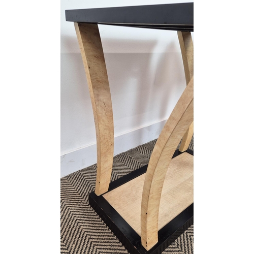 371 - LAMP TABLES, a pair, David Linley manner birds eye maple, painted and ebonised, 67cm H x 61cm x 51cm... 