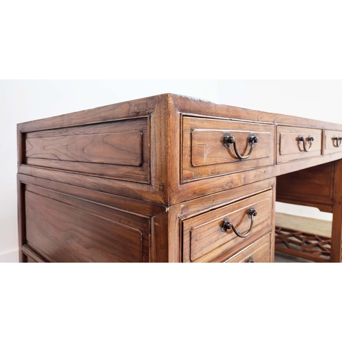 372 - CHINESE DESK, elm with eight drawers, 83cm H x 170cm x 70cm.