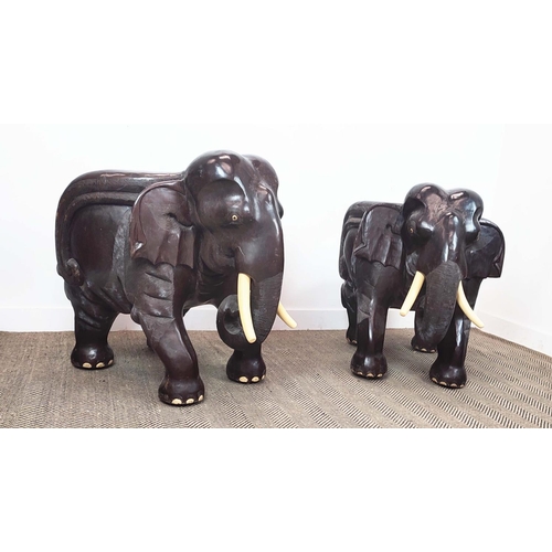 382 - ELEPHANT CHAIRS, a pair, Thai hand carved teak, 86cm H x 70cm. (2)