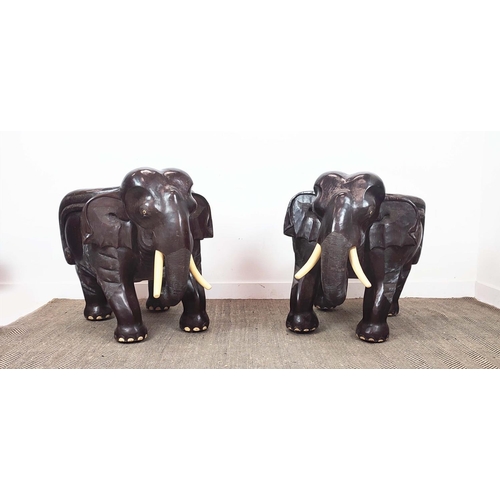 382 - ELEPHANT CHAIRS, a pair, Thai hand carved teak, 86cm H x 70cm. (2)