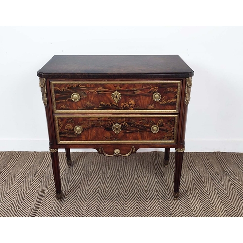 392 - THEODORE ALEXANDER COMMODE, Louis XVI style chinoiserie lacquered with faux marble top over two draw... 