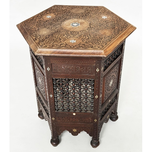 393 - SYRIAN OCCASIONAL TABLE, 19th century hardwood and mother of pearl inlay and pierced conforming base... 