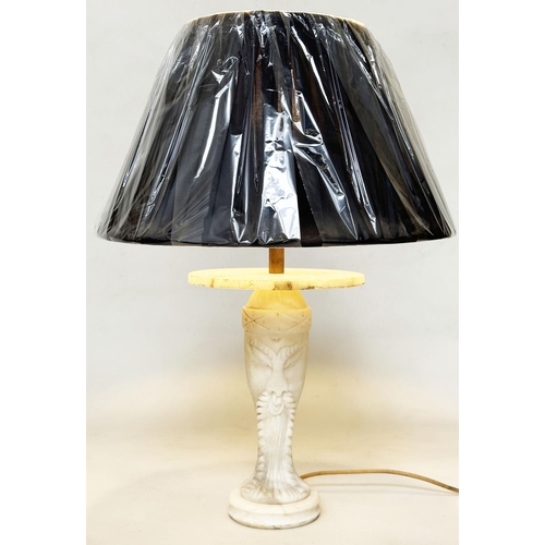 394 - TABLE LAMP, Italian carved marble figure of stylised Eastern Sage (with shade), 64cm H.