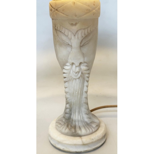 394 - TABLE LAMP, Italian carved marble figure of stylised Eastern Sage (with shade), 64cm H.