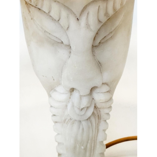 394 - TABLE LAMP, Italian carved marble figure of stylised Eastern Sage (with shade), 64cm H.