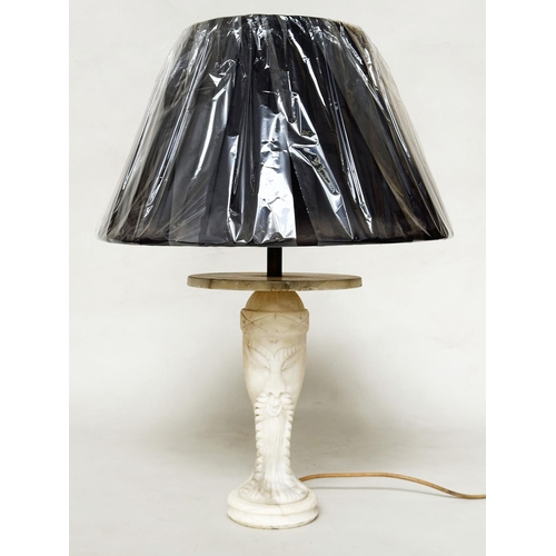 394 - TABLE LAMP, Italian carved marble figure of stylised Eastern Sage (with shade), 64cm H.